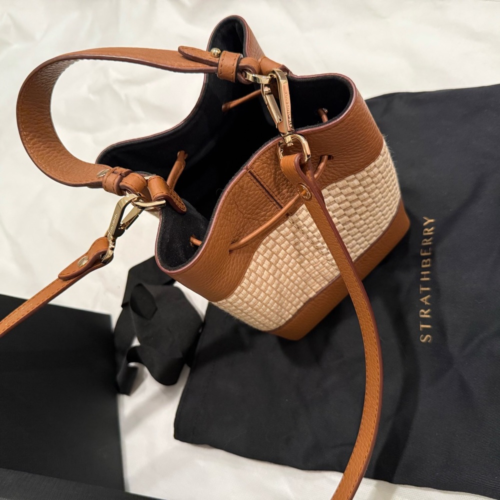 STRATHBERRY Lana Osette Bag Cotton Raffia Leather Tan Brown Shoulder Gold EUC - Picture 13 of 14